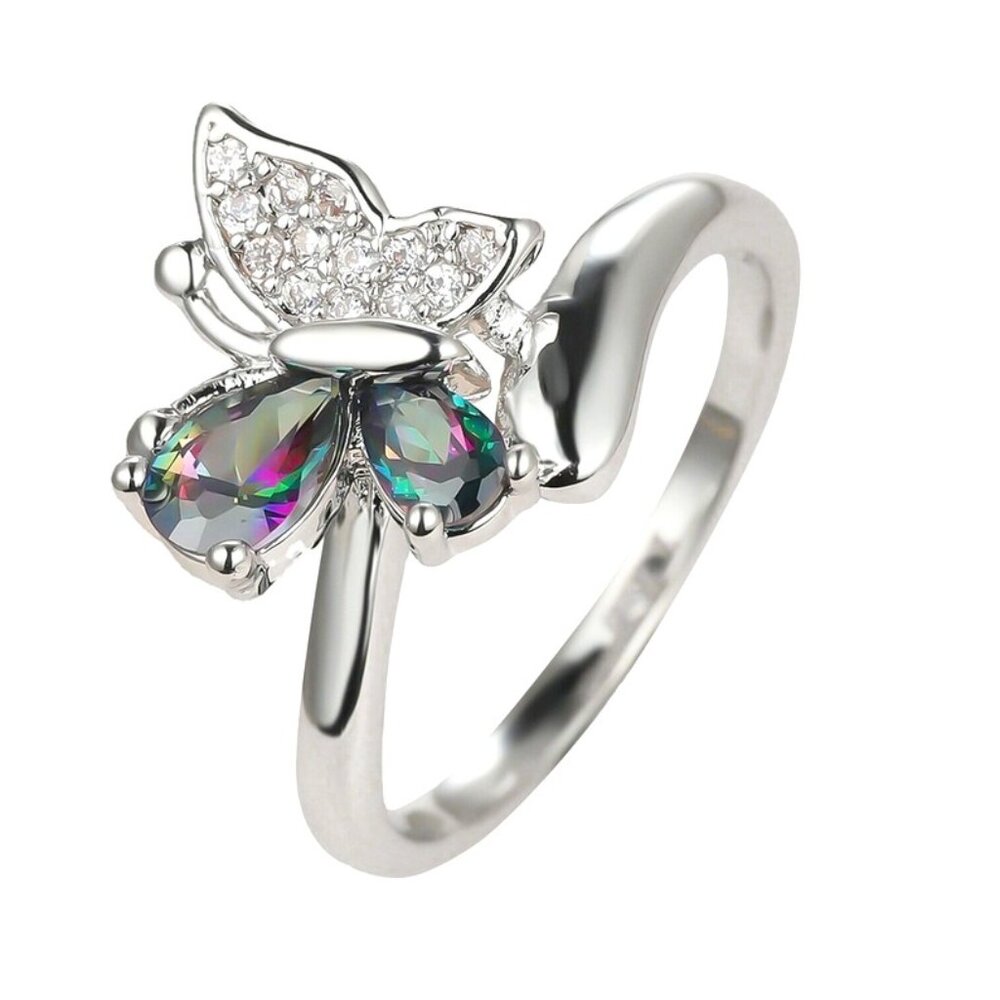 SZ8 Rainbow Elegant Personality Ring Colorful Butterfly Ring Luxurious Exquisite